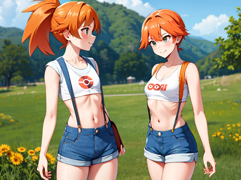 masterpiece, best quality, highres, 1boy, misty (pokémon), orange hair, solo, shorts, suspenders, side ponytail, orange hair, midriff, yellow loose crop top, navel, short hair, denim, denim shorts, smile, cowboy shot, outdoors, (((Under Boob))), small breasts, externally expanded Chest, laying on the ground, spreaded legs,