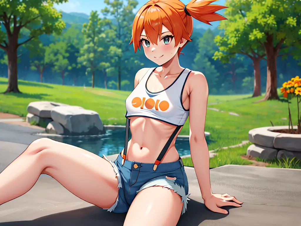 masterpiece, best quality, highres, 1boy, misty (pokémon), orange hair, solo, shorts, suspenders, side ponytail, orange hair, mi...