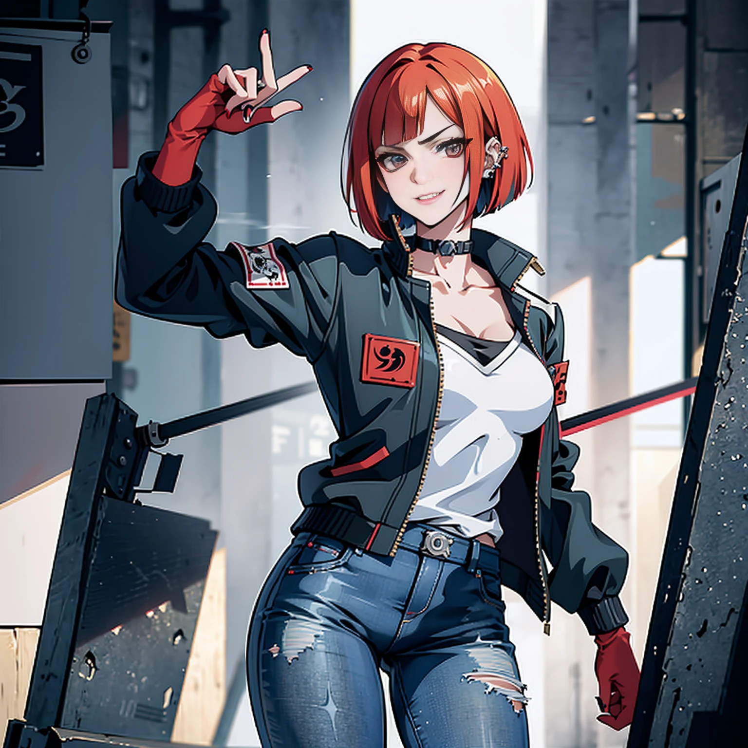 en el estilo artístico de persona5 y en el estilo artístico de street of rage 4, delincuente, (sukeban), maduro_femenino, rubor, maduro, mujer mayor, 2, Sukeban teacher outfit, (1 chica, solo femenino, solo, Solo enfoque)++++, Gargantilla, sukeban teacher, sukeban Lucharer, largo_mangas, open chaqueta, blue chaqueta,( Vaquero)+++, light skin tone femenino, (cuerpo completo)+++++, chaqueta, biker chaqueta, cinta, brazo_apoyo, guantes, Rojo_guantes, bridal gauntlets, esmalte de uñas, botas, negro_calzado, Lucharer outfit, (cuerpo completo)+++++++, reloj de arena, maduro face, Sonrisa de Mejillas, cara descarada, arrugas, (Rojo hair, cabello corto, corte bob, pendientes, perforaciones en las orejas), Rojo eyeighting art, Artes marciales, de pie, Lucharing_postura, Luchar, Lucharing), colores extra, 2D, megapíxel, perfeccionismo, iluminación de acento, full HD , (obra maestra:1.2), (foto de cuerpo completo:1),(tiro de vaquero:1.2), (muy detallado:1.2),(cara detallada del anime:1.2), Vistoso, Un ojo detallado, (paisaje detallado:1.2), (iluminación natural:1.2), ((sukeban school teacher)) por Vincent Di Fate: Aidyllery, Disparo anamórfico, Regla de los tercios, cara por Artgerm y WLOP,