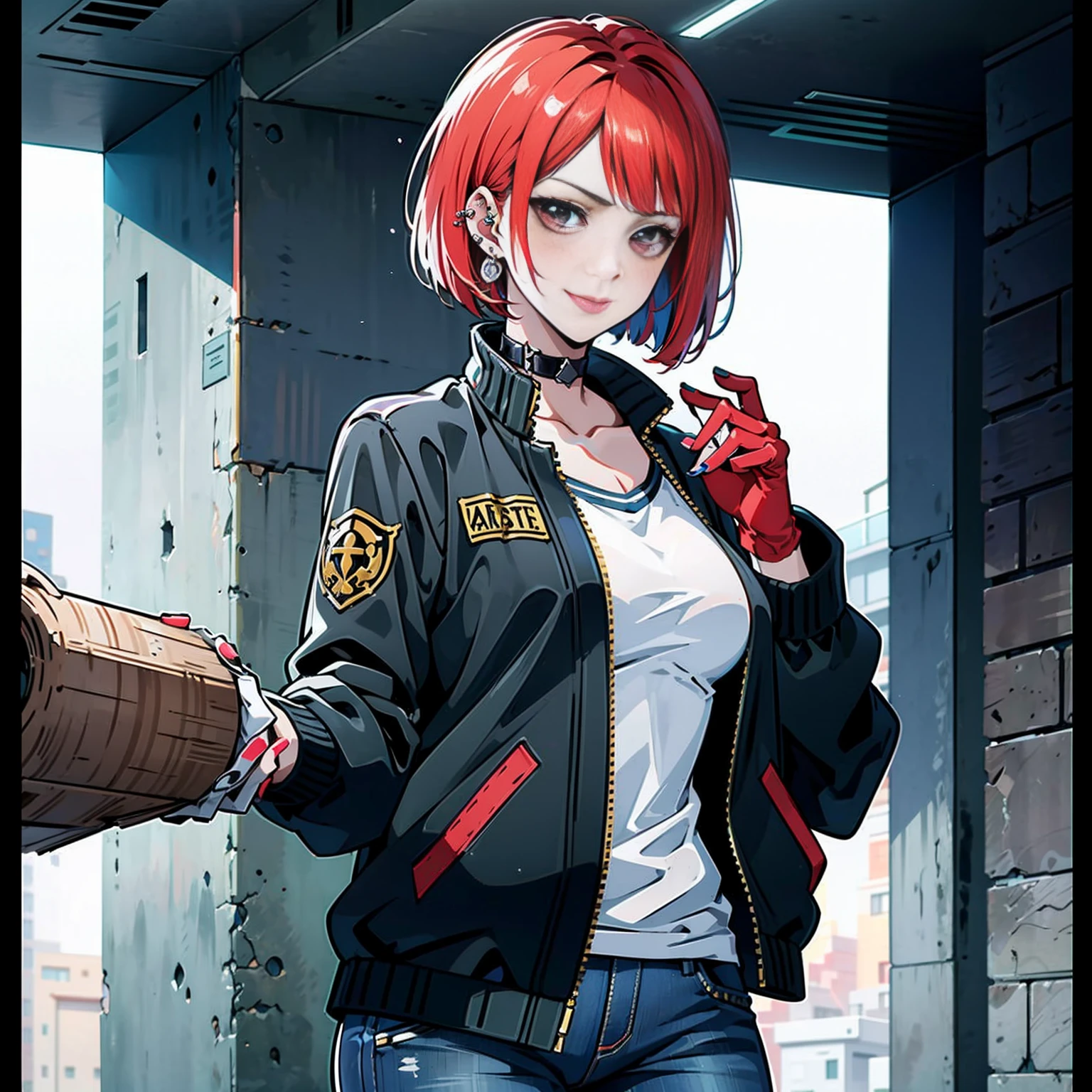 no estilo artístico de Persona5 e no estilo artístico de Street of Rage 4, delinquent, (eles são), maduro_fêmea, corar, maduro, mulher mais velha, 2, Roupa de professor Sukeban, (1 garota, Sozinho fêmea, Sozinho, Sozinho focus)++++, gargantilha, eles são teacher, eles são Lutarer, longo_mangas, open jaqueta, blue jaqueta,( jeans)+++, light skin tone fêmea, (corpo todo)+++++, jaqueta, biker jaqueta, tape, arm_apoiar, luvas, vermelho_luvas, manoplas de noiva, esmalte, botas, preto_calçados, Lutarer outfit, (corpo todo)+++++++, Ampulheta, maduro face, sorriso malandro, cara atrevida, rugas, (vermelho hair, cabelo curto, corte bob, Brincos, piercings nas orelhas), vermelho eyeighting art, Artes marciais, de pé, Lutaring_posição, Lutar, Lutaring), cores extras, 2D, Megapixels, perfeccionismo, Iluminação de destaque, Full HD , (obra de arte:1.2), (tiro de corpo inteiro:1),(tiro de vaqueiro:1.2), (Altamente detalhado:1.2),(rosto detalhado de anime:1.2), colorida, Um olho detalhado, (paisagem detalhada:1.2), (iluminação natural:1.2), ((eles são school teacher)) por Vincent Di Fate: Ajuda, Tiro Anamórfico, regra dos terços, rosto por Artgerm e WLOP,