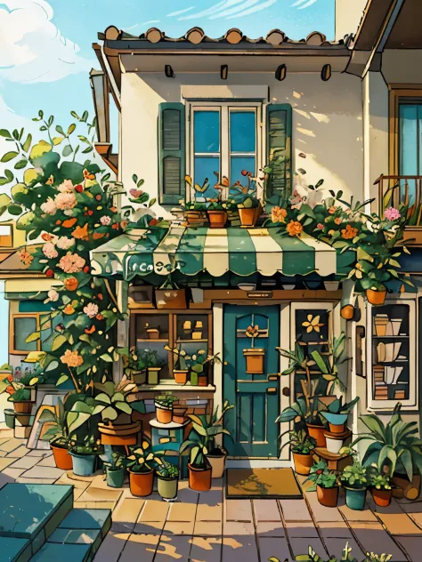 JZCG021,flower shop,Coffee spots,table,Chair,nobody,Windows,flowers,plant,potted plant,watercolor (Moderaandscape,Door,air conditioner,Painting medium),Traditional media,house,outDoor,balcony,architecture,masterpiece,best quality,high quality,plant,, maste...