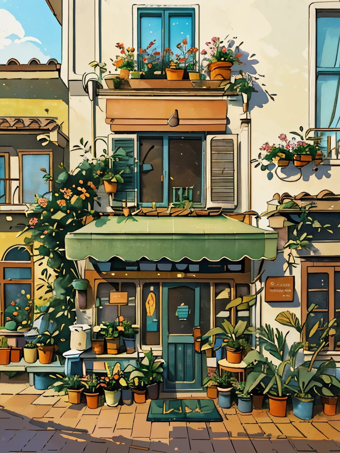 JZCG021,flower shop,Coffee spots,table,Chair,nobody,Windows,flowers,plant,potted plant,watercolor (Moderaandscape,Door,air conditioner,Painting medium),Traditional media,house,outDoor,balcony,architecture,masterpiece,best quality,high quality,plant,, masterpiece,best quality,high quality, 
