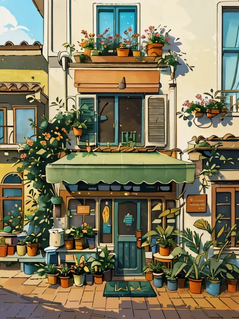 JZCG021,flower shop,Coffee spots,table,Chair,nobody,Windows,flowers,plant,potted plant,watercolor (Moderaandscape,Door,air conditioner,Painting medium),Traditional media,house,outDoor,balcony,architecture,masterpiece,best quality,high quality,plant,, maste...