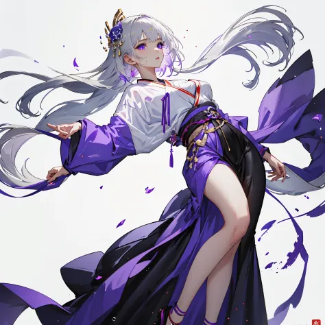 girl in purple clothes floating in the air，Very tall，no shoes，1 girl，Heroine，Handsome，Splash ink，（full body portrait），（（2.5D）），w...