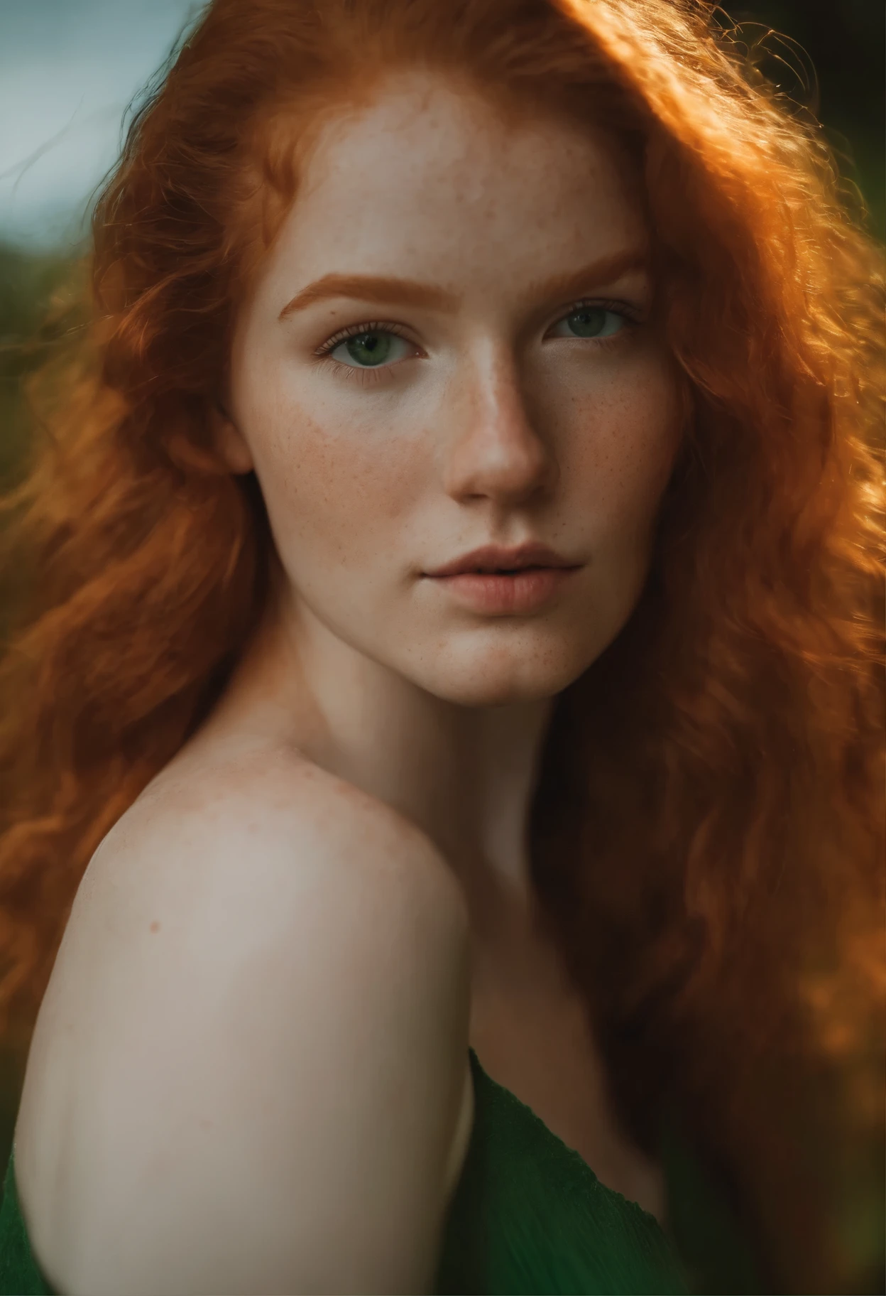 Красивая рыжая девушка с веснушками, 18 лет, сексуальный и стильный,  Зеленые глаза, большая грудь - SeaArt AI
