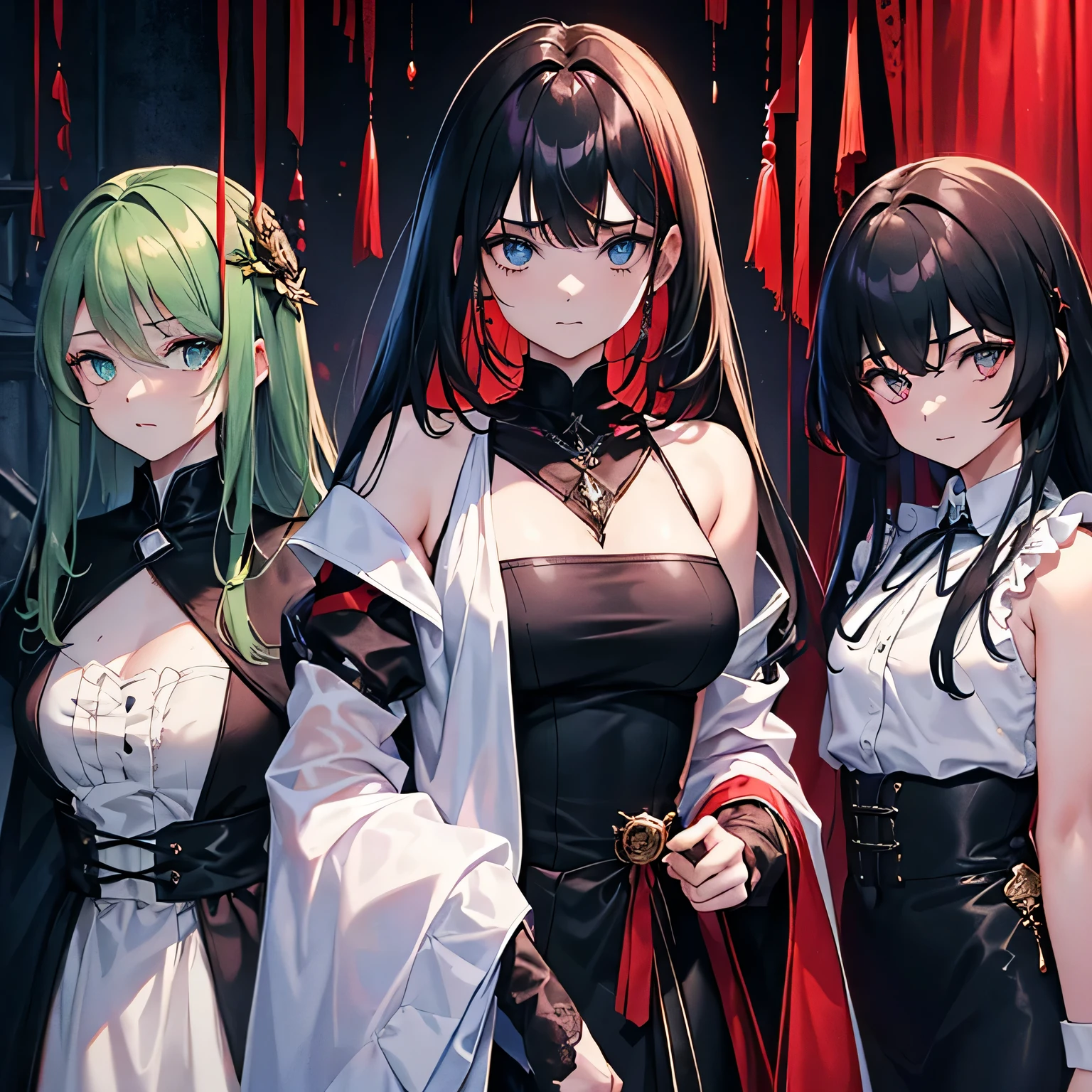 Tres chicas anime con vestidos blancos y negros paradas una al lado de la  otra - SeaArt AI