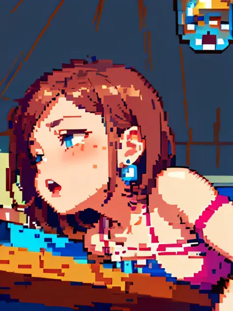 (((pixel art, stylized game character, fewer wrinkles, simplified contours))), (a woman masturbating with the vertical edge of the table), slut, (blush), dark brown pupil, open mouth, ((drooping eyes, blush)), ((sleepy)), (angle from below), panties, tiny ...