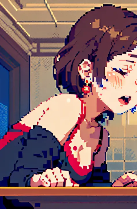 (((pixel art, stylized game character, fewer wrinkles, simplified contours))), (a woman masturbating with the edge of the table), slut, (blush), dark brown pupil, open mouth, ((drooping eyes, blush)), ((sleepy)), (angle from below), panties, tiny earrings,...