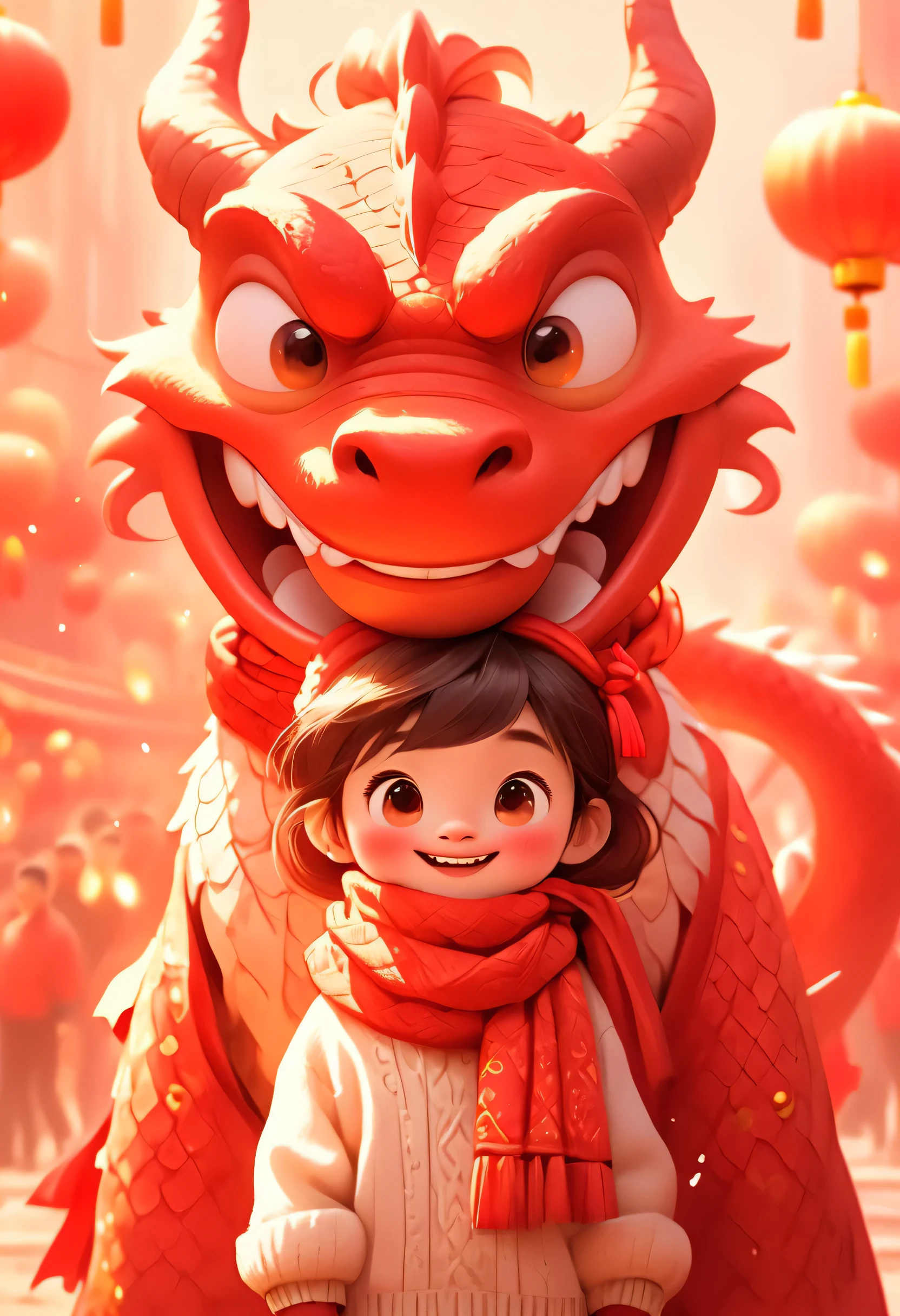 A cute humanized red Chinese dragon and a little Chinese girl, Pixar style, both wearing human white sweaters with a big red woolen scarf tied around their necks, doing the same congratulatory motion, big red background, very festive, Chinese elements, welcoming the New Year 32k uhd