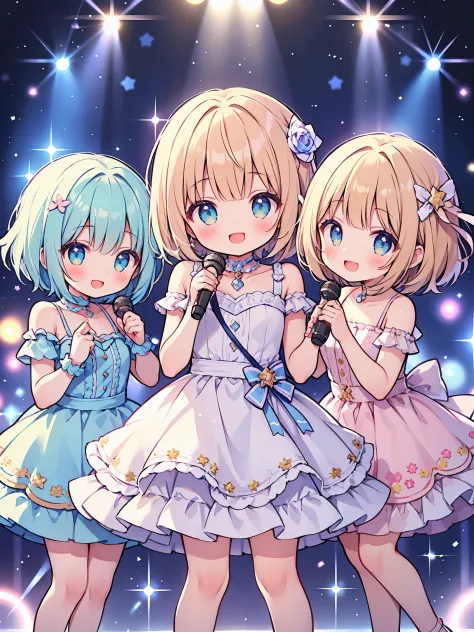 masterpiece, highest quality, highest resolution、three girls, short hair, pastel colour、idol type、hold the microphone with both ...
