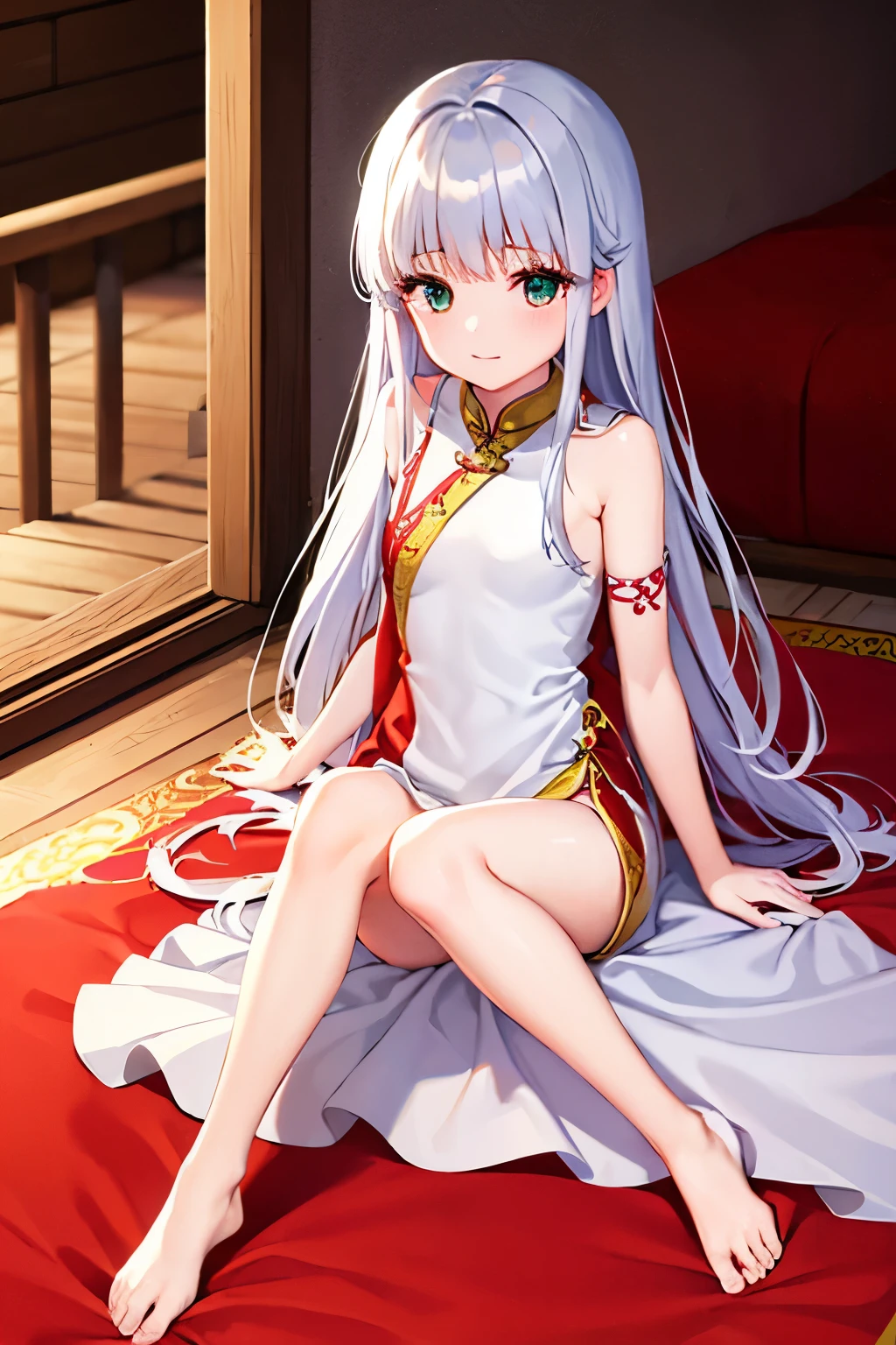 Long silver hair, green eyes, , qipao, chinese dress, red clothes, seductive eyes, smile, beautiful thighs, inside house
