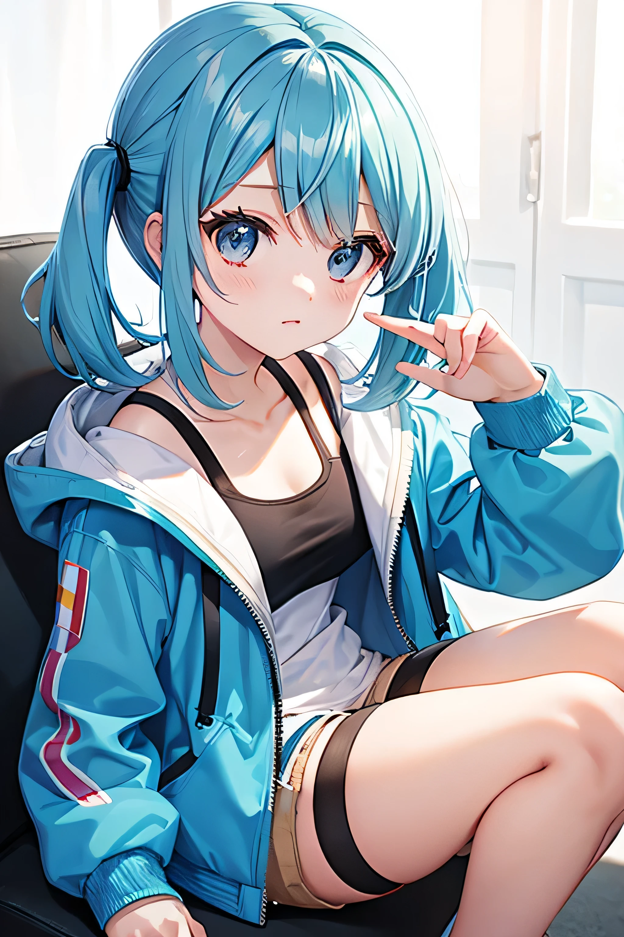 Air bangs, hair intakes, baby blue hair, jacket|hoodie, short shorts, white Clothes,騎乗位