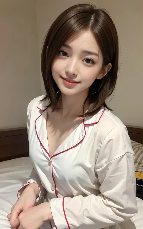 cute 21 year old japan、super detail face、eye for details、double eyelid、beautiful thin nose、sharp focus:1.2、cute woman:1.4、(light brown hair,short cut hair, white skin、highest quality、bright、masterpiece、Super high resolution、(photorealistic:1.4)、Bedroom、on ...
