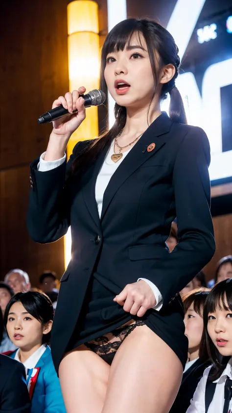 (8k, highest quality, masterpiece, realistic, Super detailed:1.3), (1 girl, Cute Japan politician), (Suit jacket:1.2), (Pull up your own tight miniskirt:1.3), (serious expression、(Tense look:1.2), , bangs, necklace, ( speech, microphone:1.2), (crowd, audie...