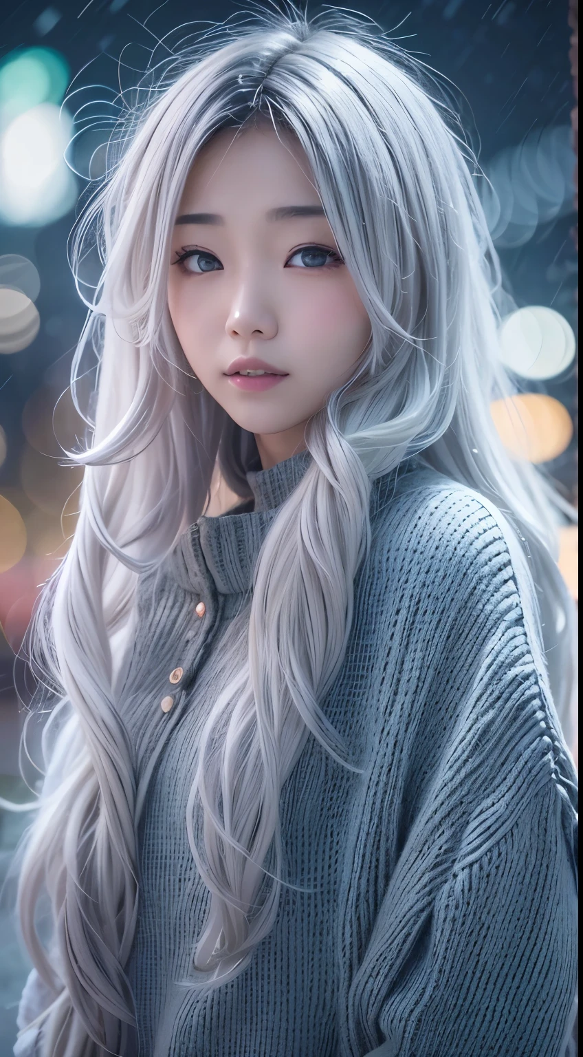 stand in front of the night city, japanese woman,  (oversized knitted sweater:1.3), snowing, pupils sparkling, silver long hair, depth of field, f/1.8, anatomically correct, textured skin, super detail, high details, high quality, super detail, high details, high quality, best quality, highres