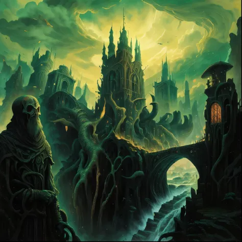 uma pintura de um castelo cercado por uma montanha com uma torre gigante, paisagem lovecraftiana, fortaleza de fantasia sombria,...