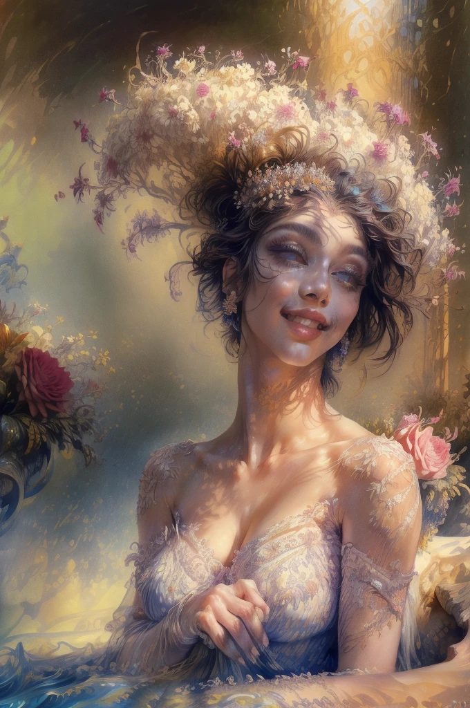 (highres, realistic:1.37), beautiful detailed eyes, beautiful detailed lips, longeyelashes, curvy figure, confident smile, elegant pose, vibrant colors, regency era, by norman lindsay, bokeh, oil painting style, soft lighting, romantic setting, blooming flowers, flowing dress, graceful movement, delicate features, alluring gaze