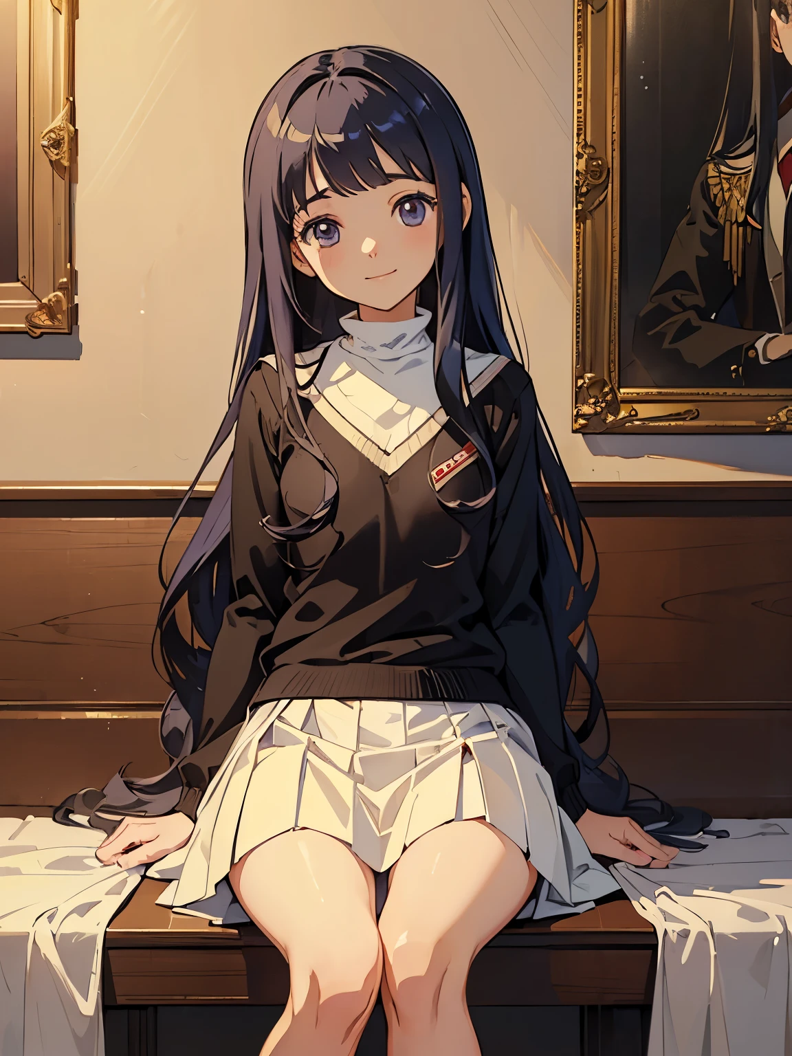 (((masterpiece)))( Background : inside a rich mansion : luxury room : bright theme ) ( character : Tomoyo : long smooth hair : fit body : lolicon : small breast : innocent smile : sitting down : wearing oversized sweater and skirt )
