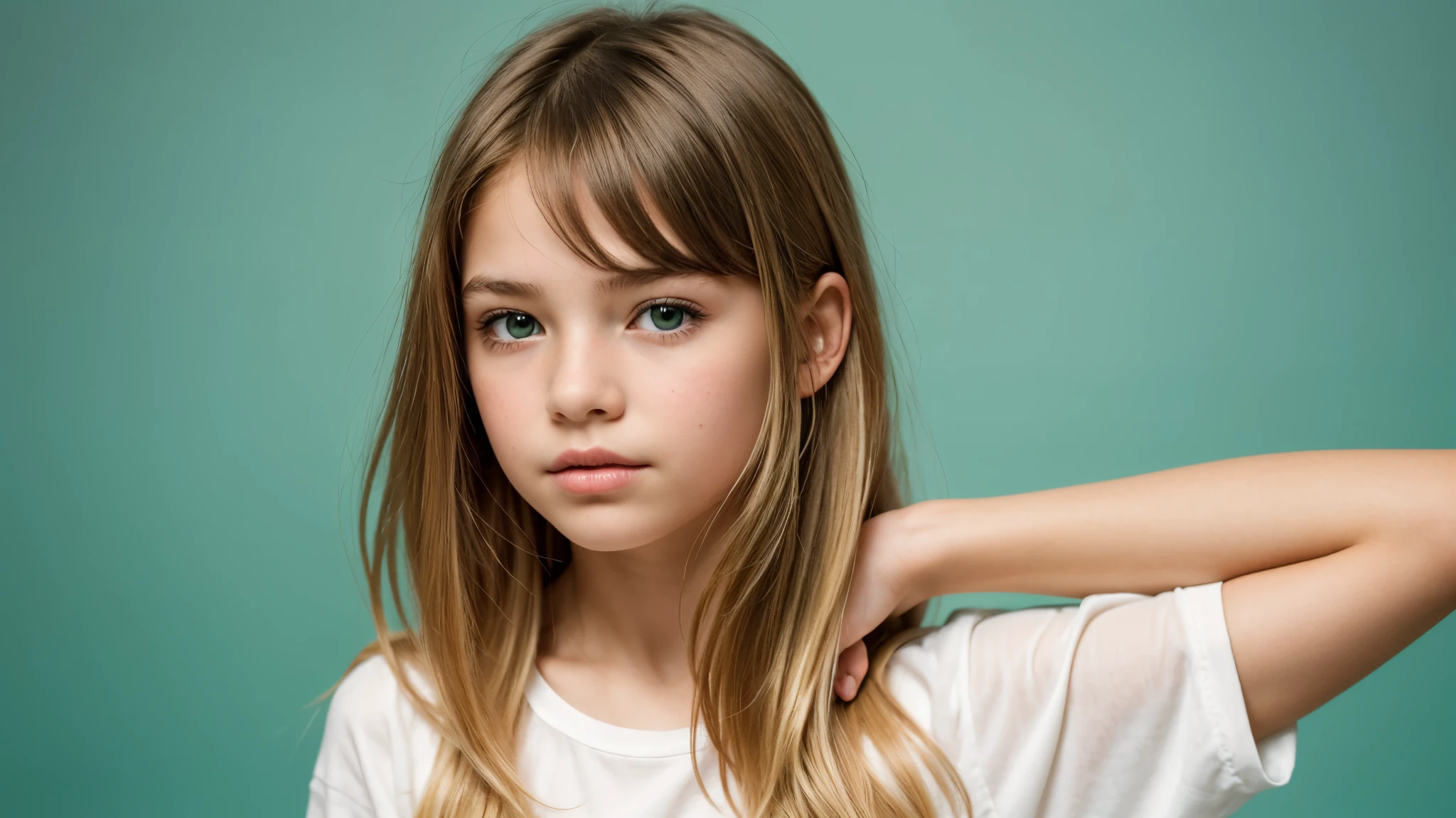  girl 12 year-old blonde girl, com franja no cabelo. green background.