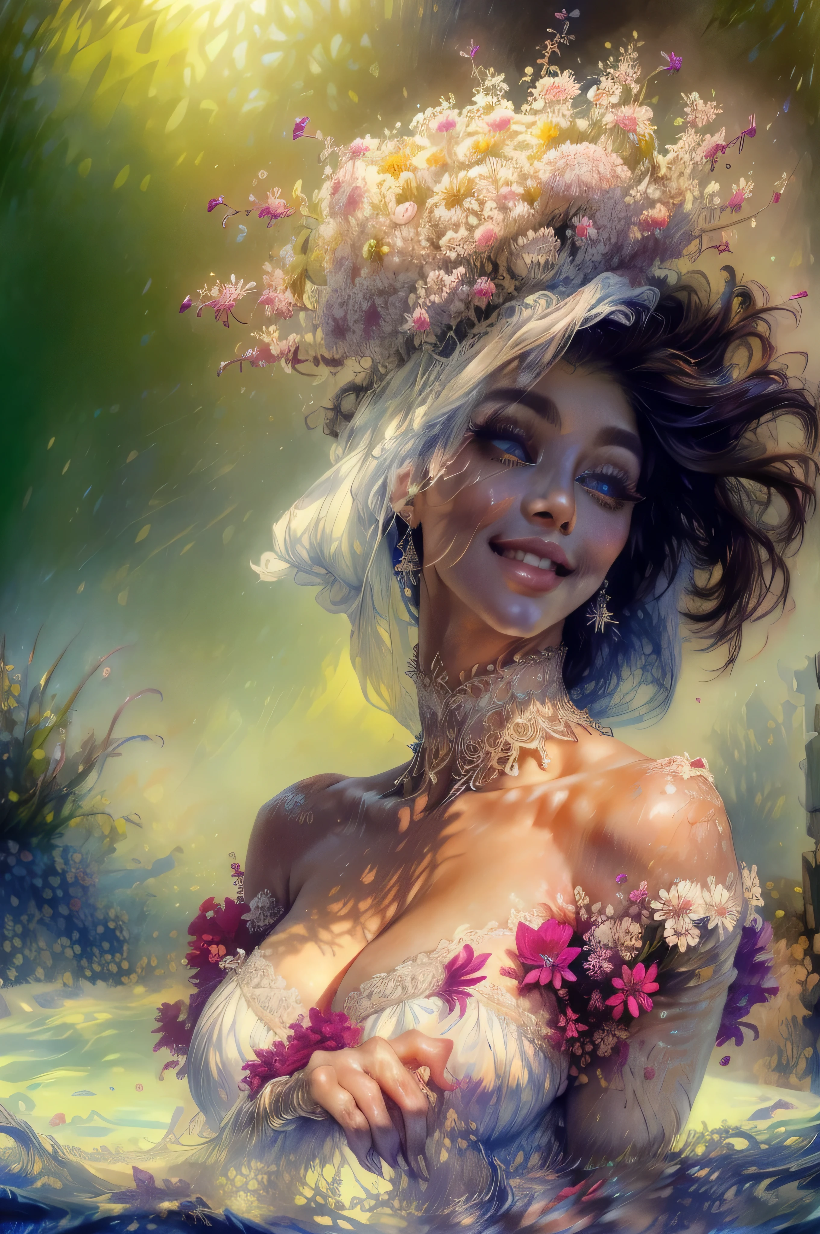 (alta resolución, Realista:1.37), hermosos ojos detallados, hermosos labios detallados, pestañas largas, figura con curvas, Sonrisa segura, elegant pose, Colores vibrantes, Era de la Regencia, por norman lindsay, bokeh, estilo de pintura al óleo, iluminación suave, ambiente romántico, Flores floreciendo, vestido fluido, Movimiento elegante, facciones delicadas, mirada seductora