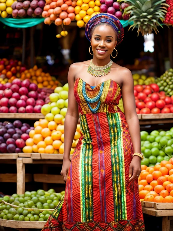 An elegant African woman with intricate braided hair, standing proudly in front of a colorful marketplace filled with exotic fruits and fabrics.