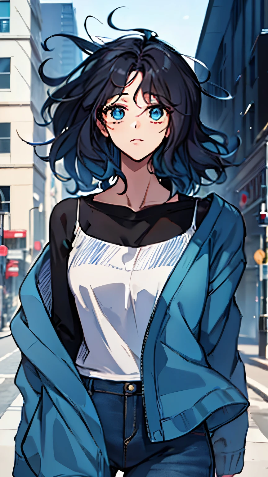 Chica anime con ojos azules y cabello negro caminando por una calle de la  ciudad. - SeaArt AI