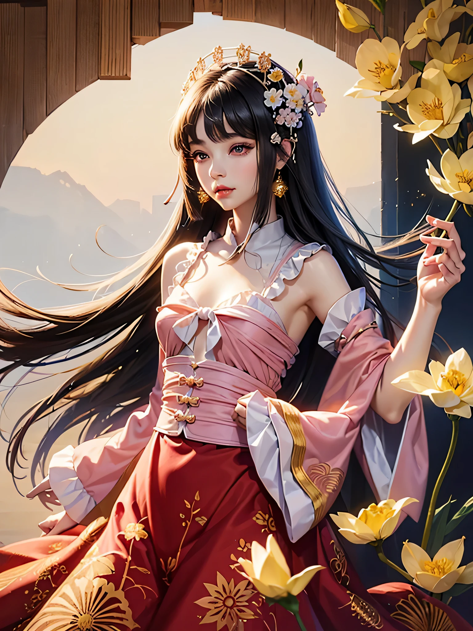 1 girl, masterpiece, best quality, 8k, Delicate skin texture, Detailed fabric texture, Beautiful and delicate face, Almond eyes，little cherry mouth，high nose bridge，Liu Yemei，intricate details, Super detailed, Princess Kaguya&#39;s look,long hair，wearing cheongsam，holding a lotus (wearing a hair tie，style curtain flower), whole body