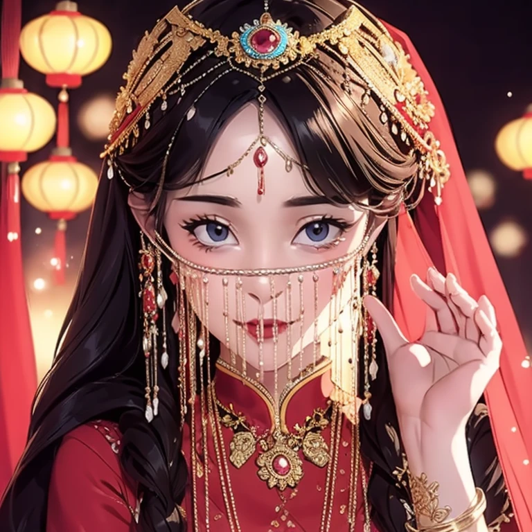 Head close-up，（（（Eyes are very delicate）））（（（hair accessories）））（（（veil（24））））（（（veil））），necklace，Wearing a red transparent silk dress， ((skin glowing))The room  filled with Chinese New Year decorationasterpiece）））， （（best quality））， （（intricate details））， （（Surreal））（8K）