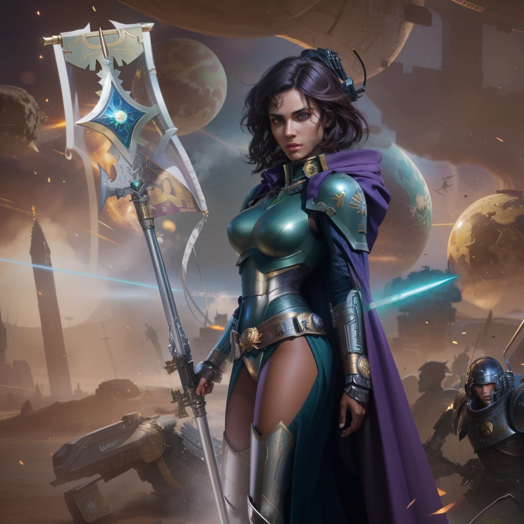 Black woman with fine nose, Athena staff, Roman legionnaire Aquila eagle staff, shaved on one side, Warhammer 40K, cyborg, sci-fi, dark fantasy, cosmos, black Girl (dark brown face), Wearing WH40K open purple dress and cape, Wearing breast armor with massive boobs, holding a roman staff with Eagle on top, Detailled green eyes, blurred, Shooting angle, (Tight gap:0.5), short loose hair, Viking haircut, Vibrant green eyes, charismatic leader, full body length, comic style, by artgerm, guy denning, jakub rozalski, magali villeneuve and charlie bowater, cyborg piece on head, cyborg goddess in cosmos with planets and starship background, battlefield Fog