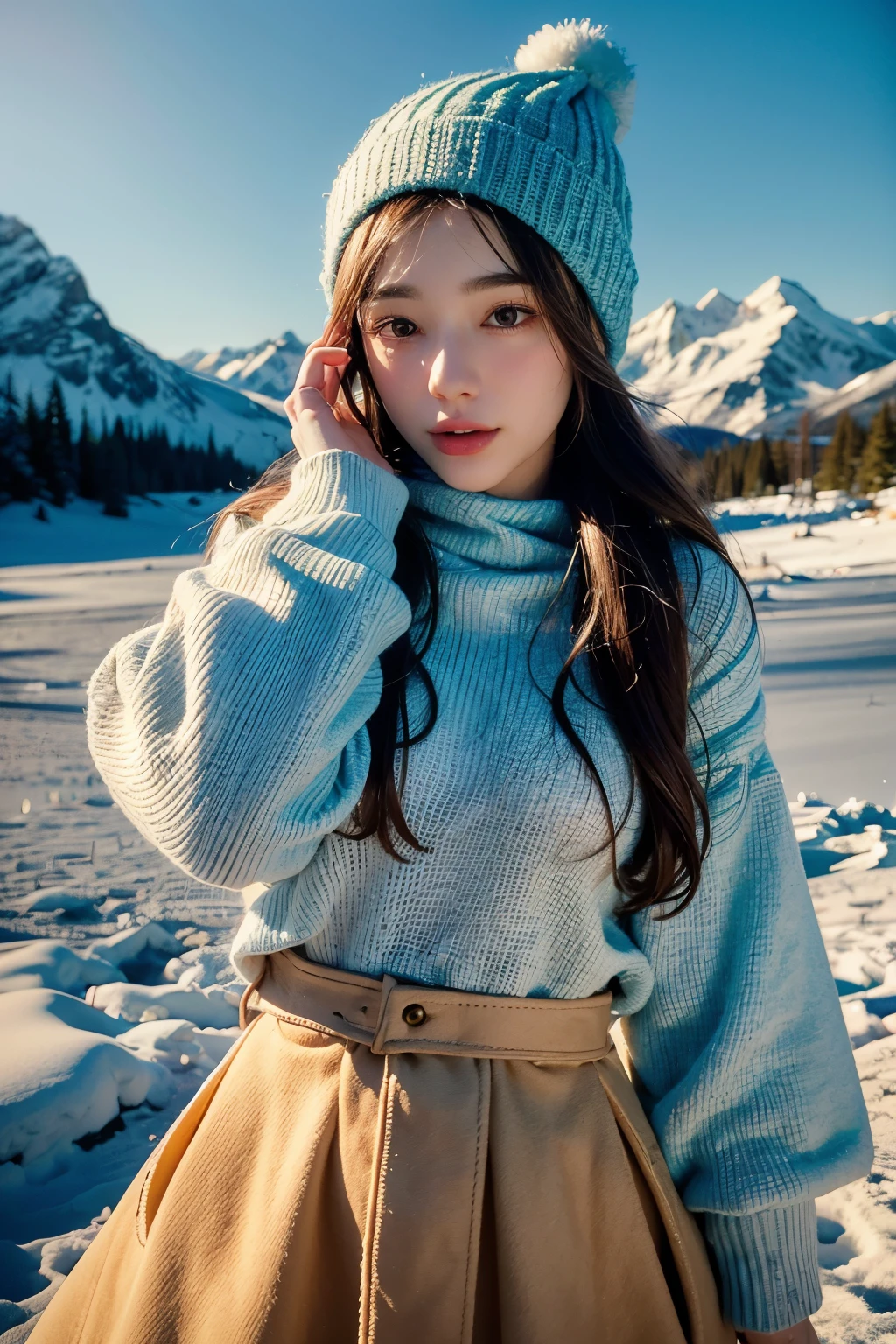 Portrait of a young woman with knit hat in snow taking a selfie, in the style of mountainous vistas, light teal and light orange, vibrant, lively, elegant, emotive faces, travel, clear facial features, 35 mm lens, accent lighting, global illumination