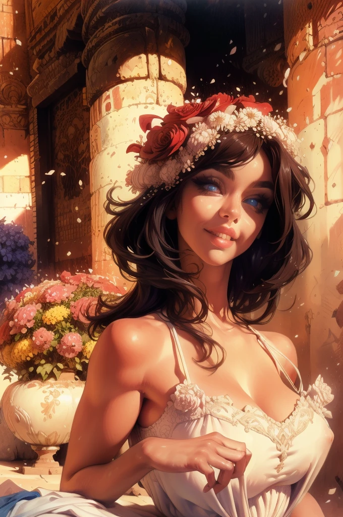 (highres, realistic:1.37), beautiful detailed eyes, beautiful detailed lips, longeyelashes, curvy figure, confident smile, elegant pose, vibrant colors, regency era, bokeh, oil painting style, soft lighting, romantic setting, blooming flowers, flowing dress, graceful movement, delicate features, alluring gaze