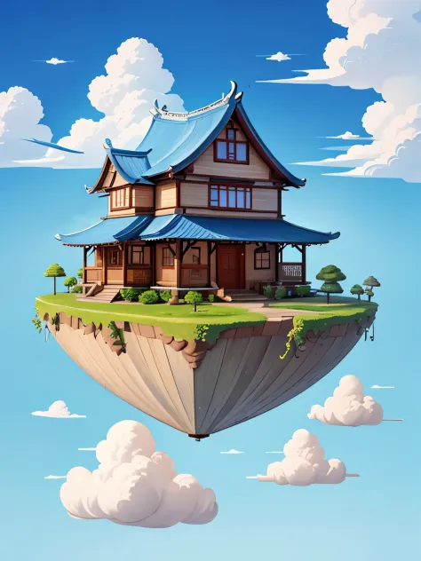 highest quality。masterpiece。beautiful。detailed details。((has a small house、a small floating island floating in the sky))。the bac...