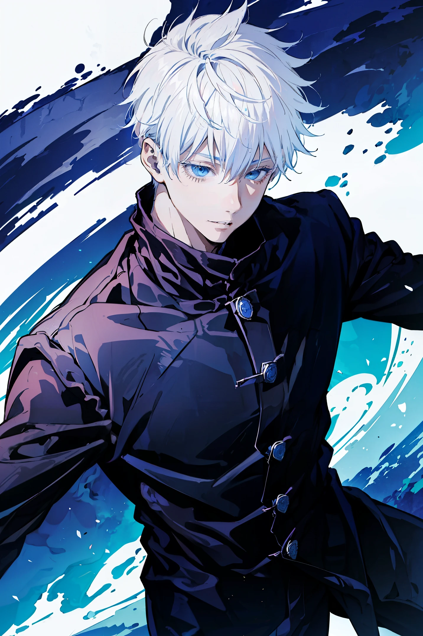 Anime guy with white hair and blue eyes in a black jacket - SeaArt AI