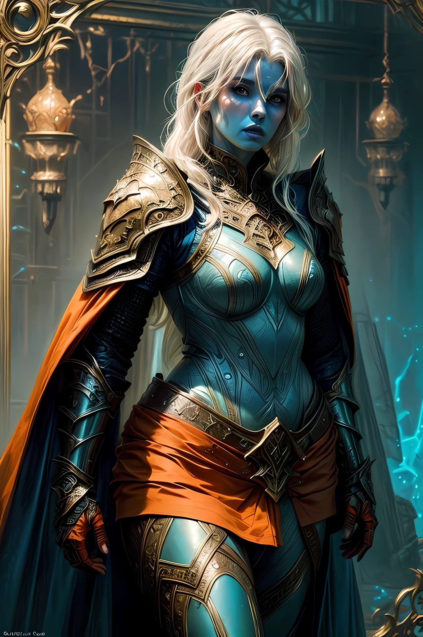 fantasy art, dnd art, RPG art, wide shot, (masterpiece: 1.4) portrait, intense details, highly detailed, photorealistic, best quality, highres, portrait a vedalken female (fantasy art, Masterpiece, best quality: 1.3) ((blue skin: 1.5)), intense details facial details, exquisite beauty, (fantasy art, Masterpiece, best quality) cleric, (blue colored skin: 1.5) 1person blue_skin, blue skinned female, (white hair: 1.3), long hair, intense green eye, fantasy art, Masterpiece, best quality) armed a fiery sword red fire, wearing heavy (white: 1.3) half plate mail armor CM-Beautiful_armor wearing high heeled laced boots, wearing an(orange :1.3) cloak, wearing glowing holy symbol GlowingRunes_yellow, within fantasy temple background, reflection light, high details, best quality, 16k, [ultra detailed], masterpiece, best quality, (extremely detailed), close up, ultra wide shot, photorealistic, RAW, fantasy art, dnd art, fantasy art, realistic art,((best quality)), ((masterpiece)), (detailed), perfect face