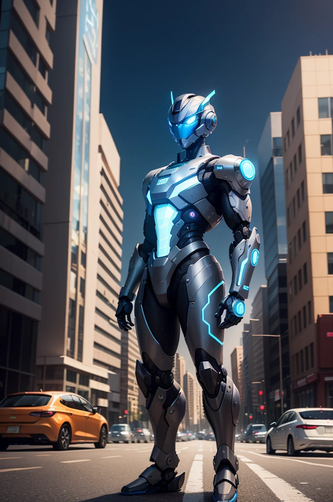 A robot with a silver exterior and blue highlights is standing in the center of a city street. The design of the robot appears advanced and humanoid, with a helmet that illuminates its eyes in blue, and hands that are detailed with five fingers. The urban backdrop features a mix of blue and purple neon lights, with two cars parked along the sides of the street. The setting gives off a futuristic and technological vibe, and there's evidence of it being later in the day, though the exact time is not confirmed. Buildings can be seen in the background, contributing to the urban context.