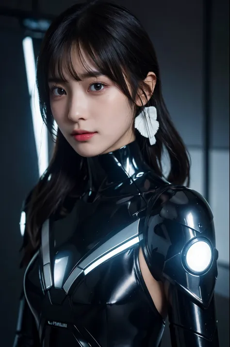 1mechanical_girl wearing Complex bioluminescent mechanical cyborg armor made out of (乳白colorの古いプラスチック), ((ultra realistic detail...