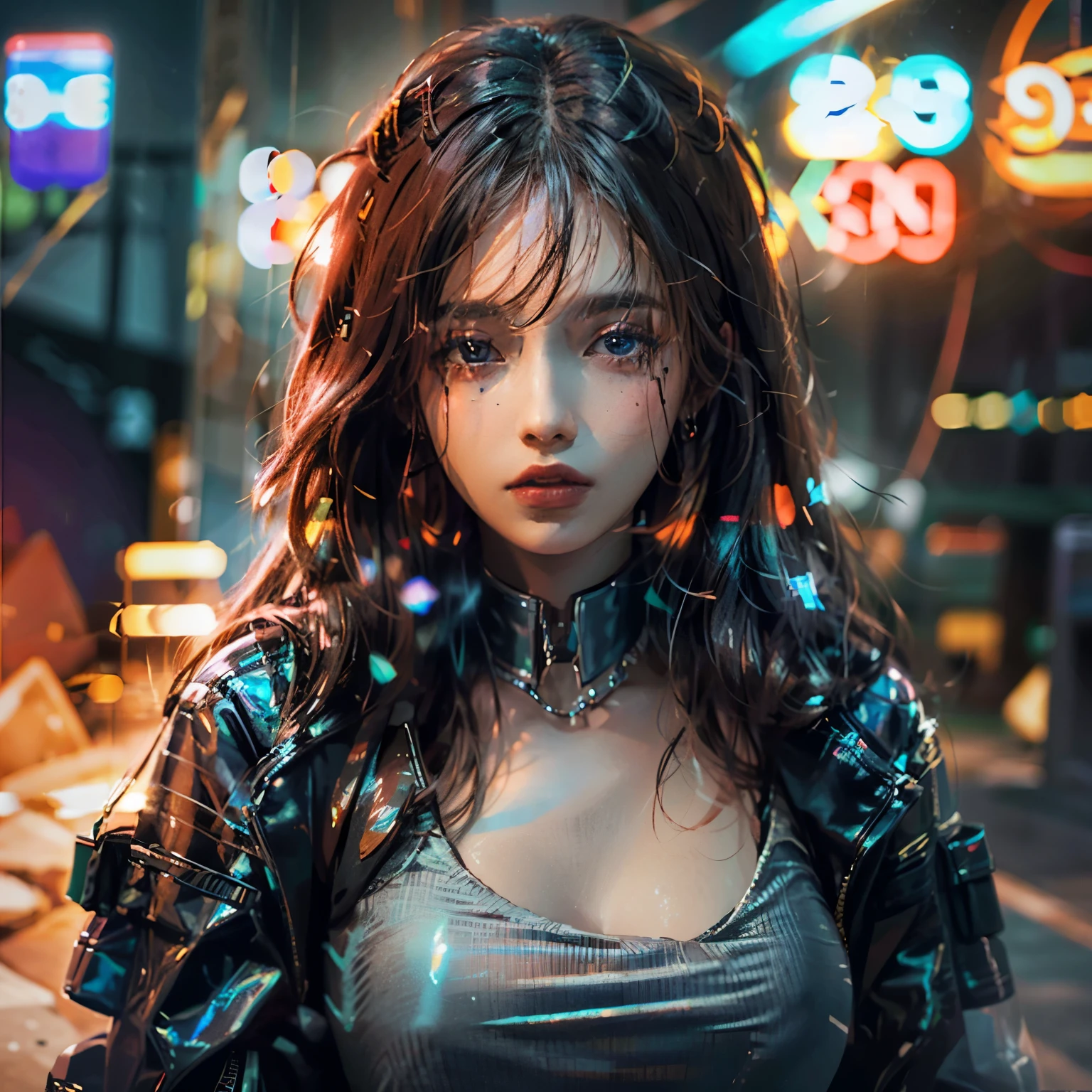 cyberpunk, Female 1, women suit, Looking straight ahead, ID photo, korean, long hair, Straight hair, Black suit, portrait, seductive breasts, cleavage, ultra high definition, Brilliant colors, 사실적 표현, 정 자, determined, bangs, mole under eye, high detail, depth of field, chromatic aberration, sparkle, ray tracing, first-person view, pov, viewfinder, cinematic lighting, Canon, Sony FE GM, lens flare, 8K, UHD, super detail, high details, best quality, award winning, super detail, 8k, textured skin, anatomically correct