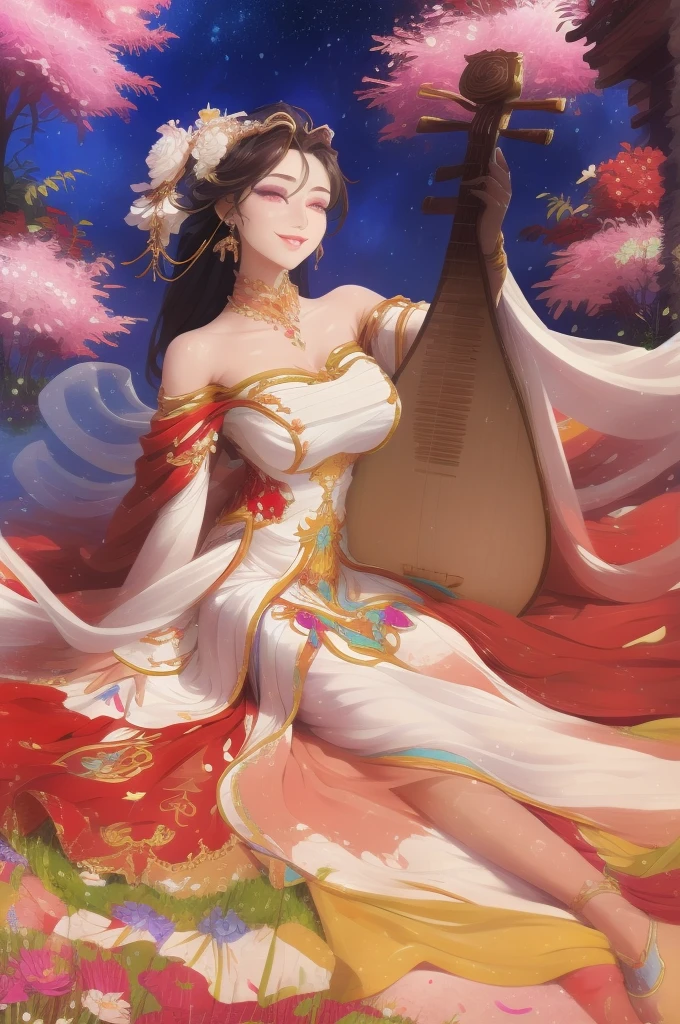 (highres, realistic:1.37), beautiful detailed eyes, beautiful detailed lips, longeyelashes, curvy figure, confident smile, elegant pose, vibrant colors, regency era, bokeh, oil painting style, soft lighting, romantic setting, blooming flowers, flowing dress, busty, ((playing_pipa)), under a cosmic sky full of stars and nebula, surrounded by flowers and crystals, graceful movement, delicate features, alluring gaze