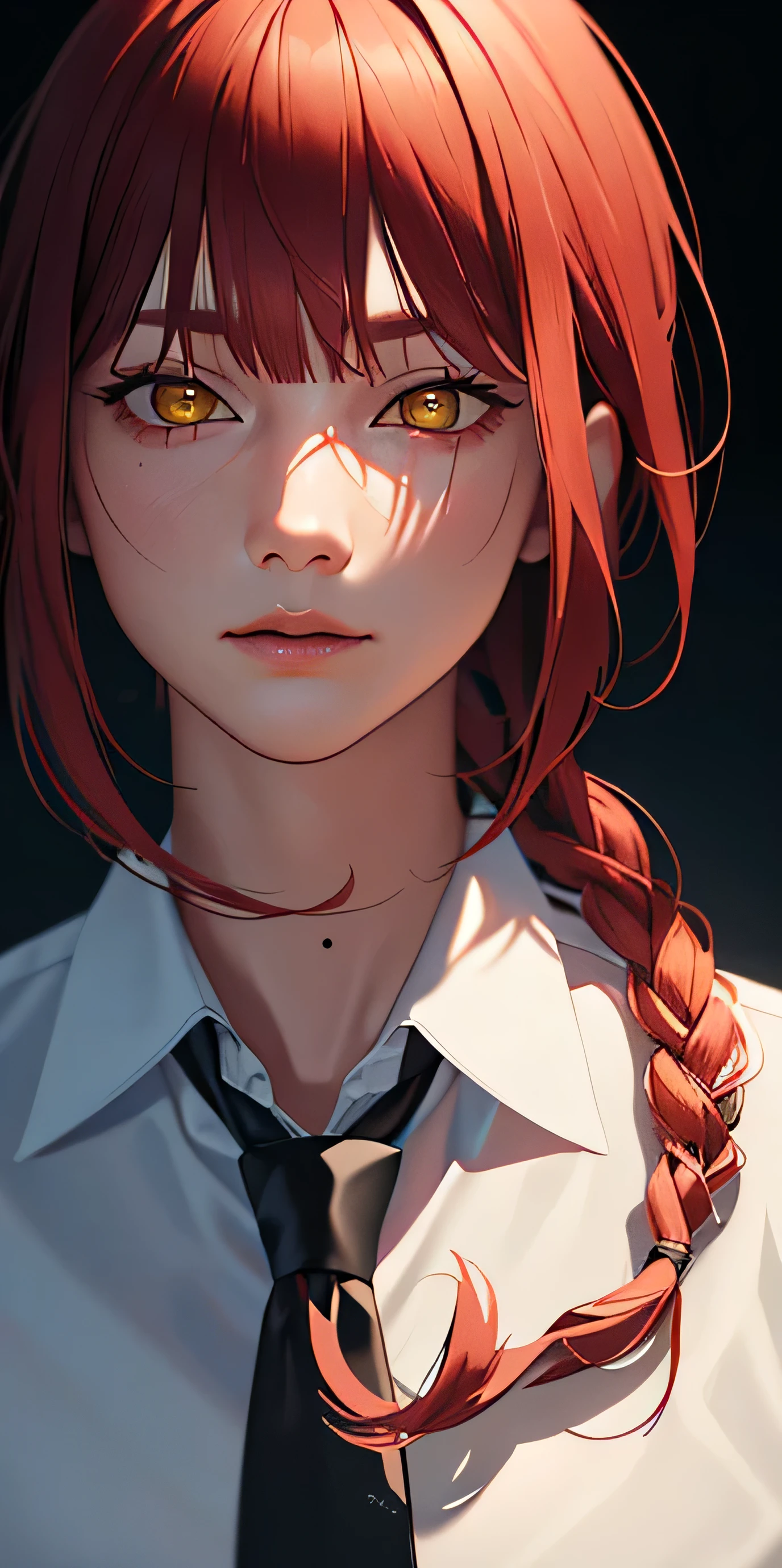 masterpiece, (photorealistic:1.4), best quality, beautiful lighting, makima \(chainsaw man\), (red hair)+(long braided hair)+(bangs), yellow eyes, golden eyes, (ringed eyes), (white shirt), (necktie),
RAW photo, 8k uhd, film grain