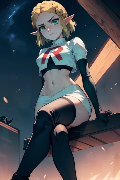 Zelda, green eyes, short hair ,team rocket,team rocket uniform, red letter R, white skirt,white crop top,black thigh-high boots ...