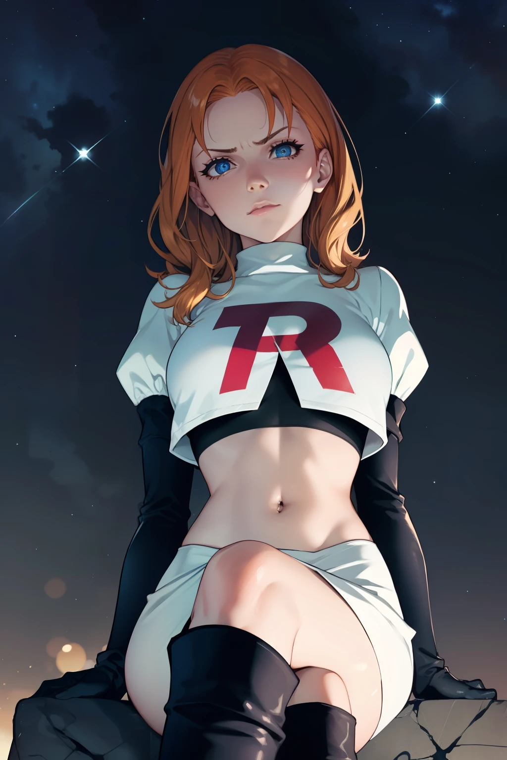 annette_war ,glossy lips, light makeup ,team rocket,team rocket uniform, red letter R, white skirt,white crop top,black thigh-high boots, black elbow gloves, sinister villianess look, looking down on viewer, crossed legs, night sky background