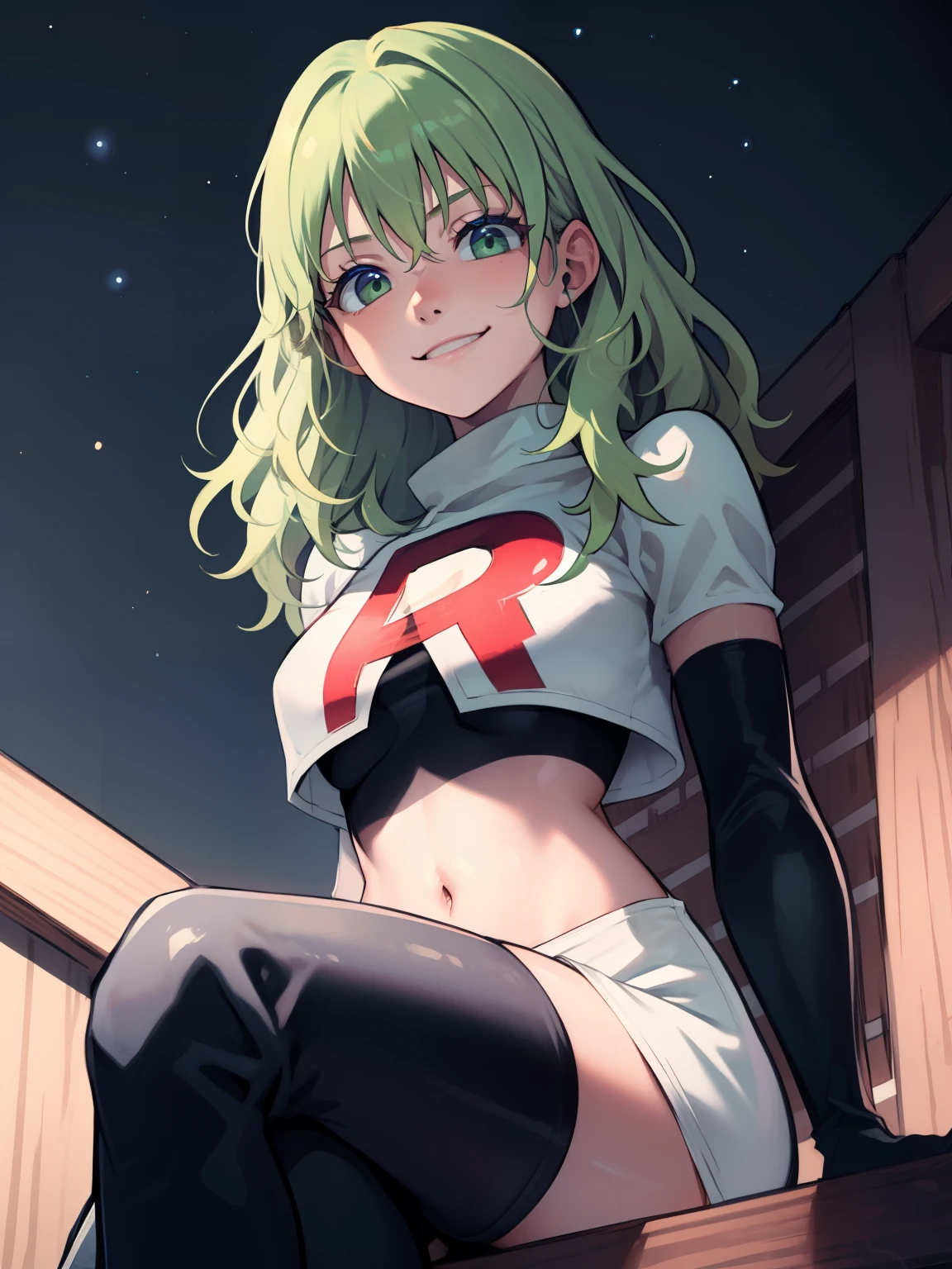 fembyleth, light green hair ,glossy lips ,team rocket uniform, red letter R, white skirt,white crop top,black thigh-high boots, black elbow gloves, smile,  looking down on viewer, sitting ,crossed legs, night sky background