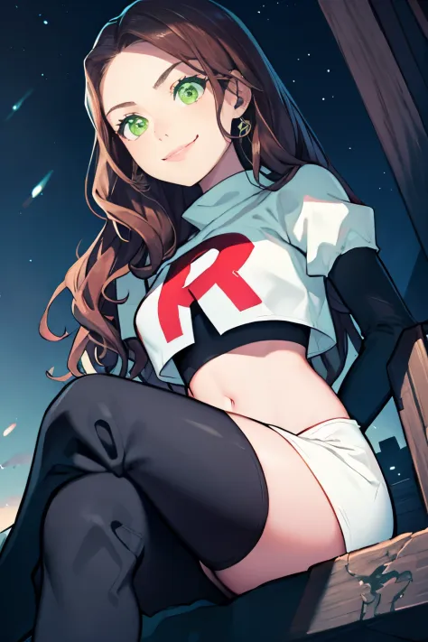 dorothea, green eyes, long hair, glossy lips ,team rocket uniform, red letter R, white skirt,white crop top,black thigh-high boots, black elbow gloves, smile, looking down on viewer, sitting ,crossed legs, night sky background