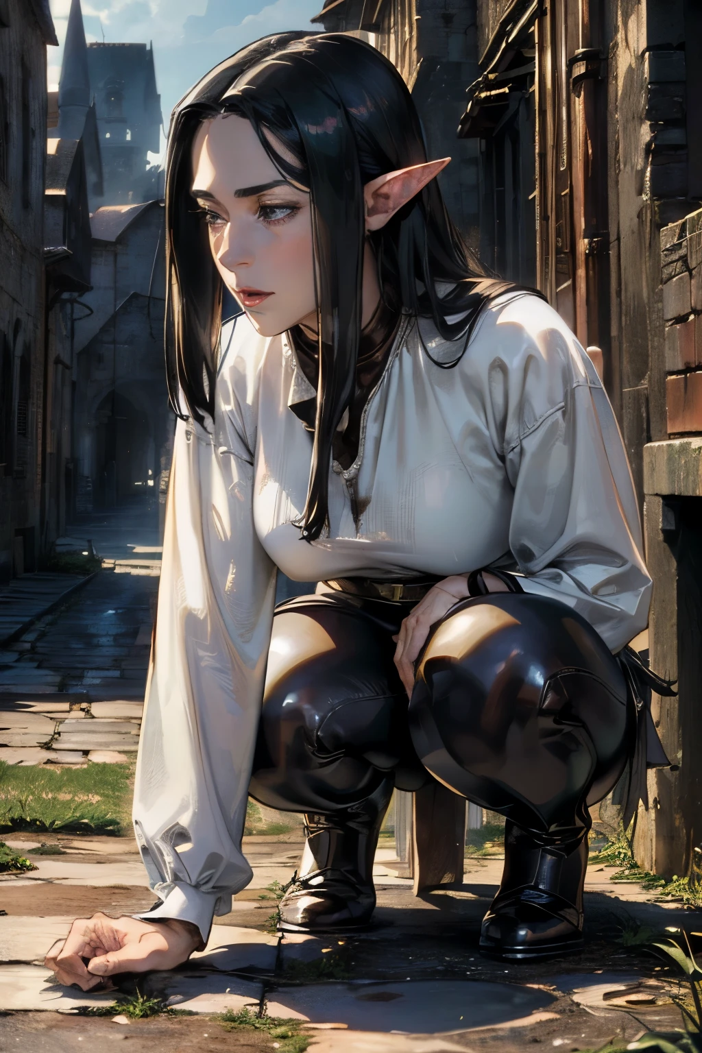 solo, ((masterpiece)),((high resolution)),((best quality)), extremely fine and beautiful, super fine illustration, (realistic skin), (insanely detailed anime eyes), mature, milf, vivid and beautiful, shocking sensation, incredibly detailed, beautiful detailed girl, (medium supple breasts:0.7), side view, Hunter, medieval street, black hair, (elf), (medium long elf ears), (brown medieval pants, white blouse, brown leather jerkin, brown soft leather boots), adventurer gear, ((black hair)), (very long hair), (small breasts:0.9), (plump thighs:0.6), (wide hips:0.6), movie lighting, perfect shadow, realistic lighting shaded, ((medieval fantasy scenery))