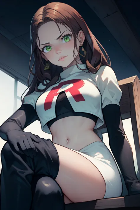 dorothea, green eyes, long hair, glossy lips ,team rocket uniform, red letter R, white skirt,white crop top,black thigh-high boots, black elbow gloves, sinister villianess look, looking down on viewer, sitting ,crossed legs, night sky background