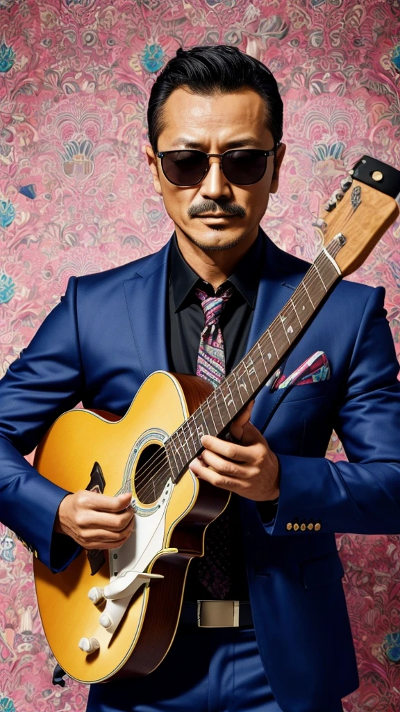 50 years old，Hidetoshi Nakata ，（Kogoro Mouri 1.3), tong, mustache, little beard, ray ban sunglasses, stylist, playing guitar, super details, photography style, colourful pattern background, wallpaper picture quality, phone wallpaper, masterpiece, 4k hd, 8k hd, 16k hd
