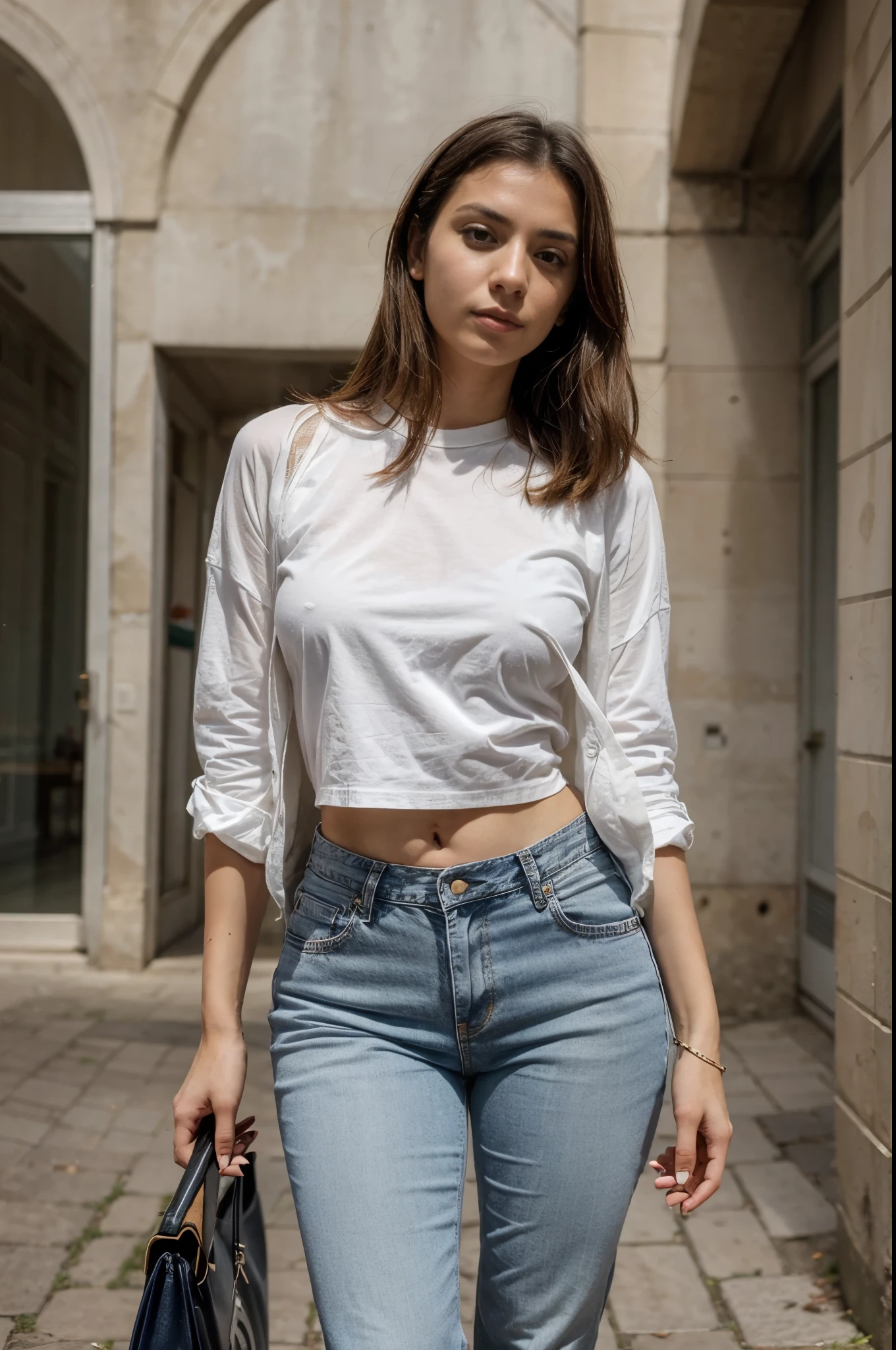 A woman in white shirt and jeans walking down a street - SeaArt AI