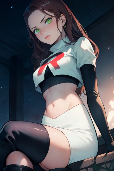 dorothea, green eyes, long hair, glossy lips ,team rocket uniform, red letter R, white skirt,white crop top,black thigh-high boots, black elbow gloves, sinister villianess look, looking down on viewer, sitting ,crossed legs, night sky background