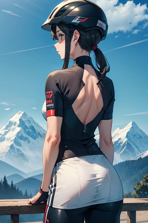 beautiful mature woman、bicycle、mountain bike、players、upper body、back view、Helmet