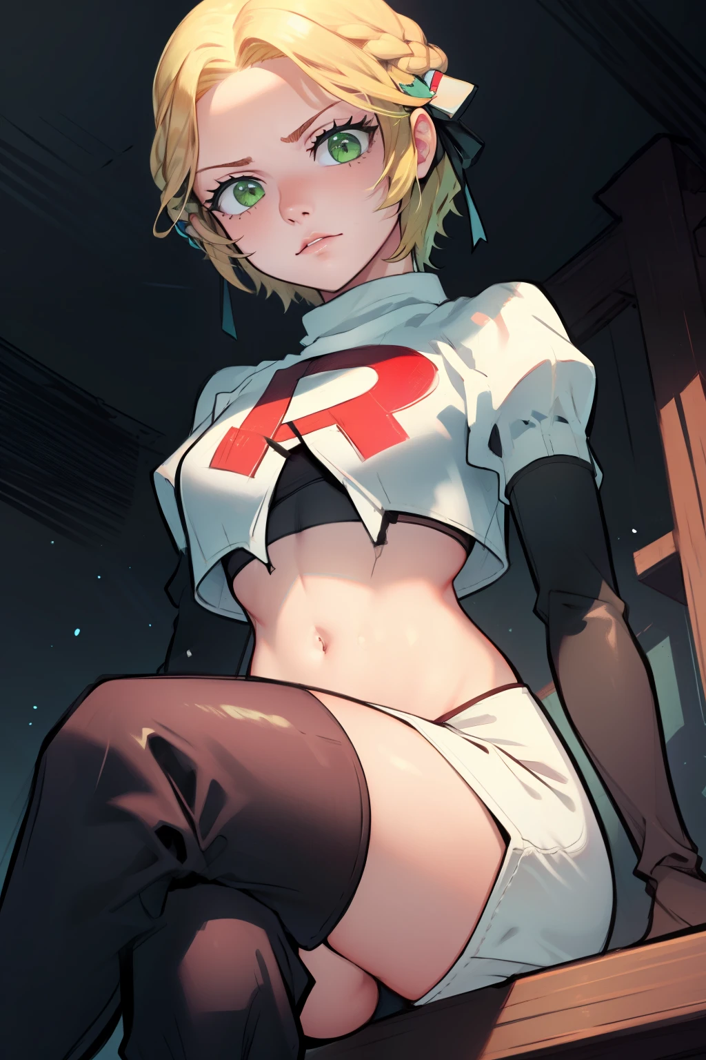 warIngrid, short hair, hair ribbons, green eyes glossy lips ,team rocket uniform, red letter R, white skirt,white crop top,black thigh-high boots, black elbow gloves, sinister villianess look, looking down on viewer, sitting ,crossed legs, night sky background